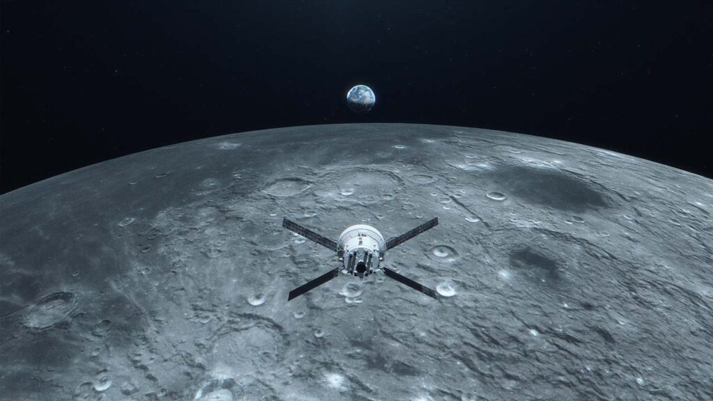 Impresión artística de la cápsula Orión orbitando la Luna con la Tierra al fondo.