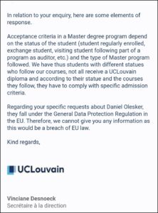 UC de Lovaina asegura que cursar una Maestría no implica acceder a Diploma