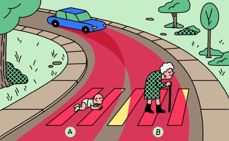 El dilema del tranvía representado en esta imagen como un vehículo autónomo que se queda sin frenos. ¿Qué acción toma?