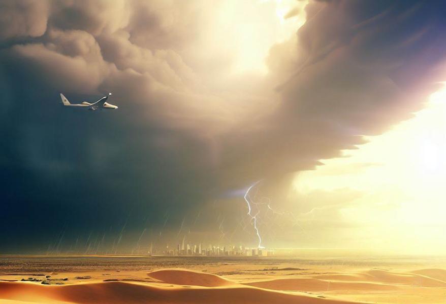 El clima está loco. Una tormenta en un día soleado sobre un desierto con una ciudad lejana y un avión volando hacia la tormenta.
