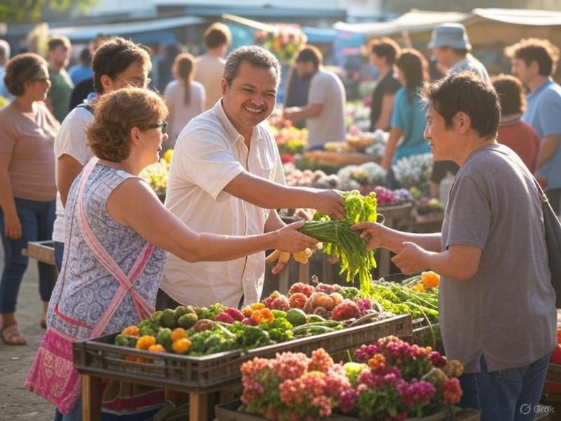 Personas comprando y vendiendo vegetales en un mercado.